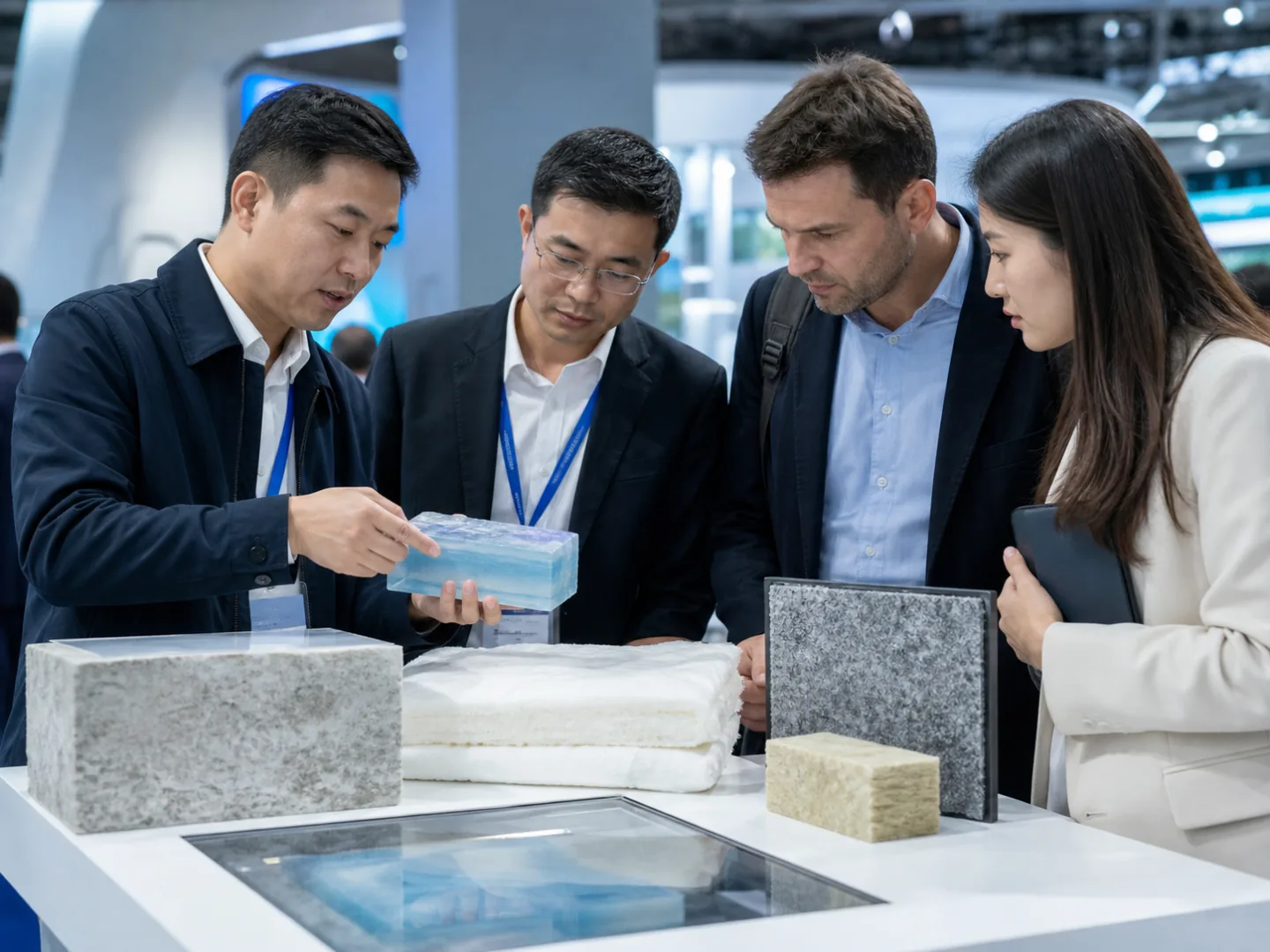 绿色建筑展会材料样品演示与交流场景